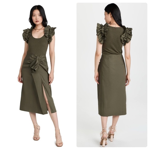 Ulla Johnson Dresses & Skirts - Ulla Johnson Isabella Combo Ruffle Midi Dress Olive Army Green Size P Small